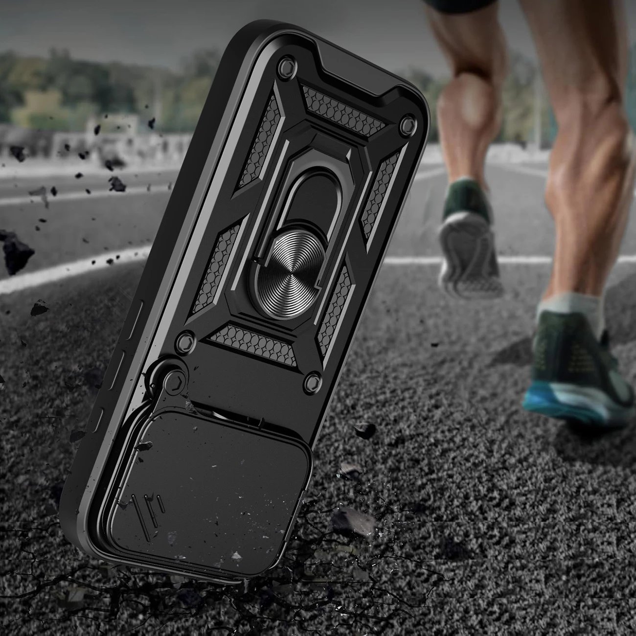Mbështjellës Hurtel Hybrid Armor Camshield për iPhone 17 Pro, me qëndrim dhe kapak kamere, i zi