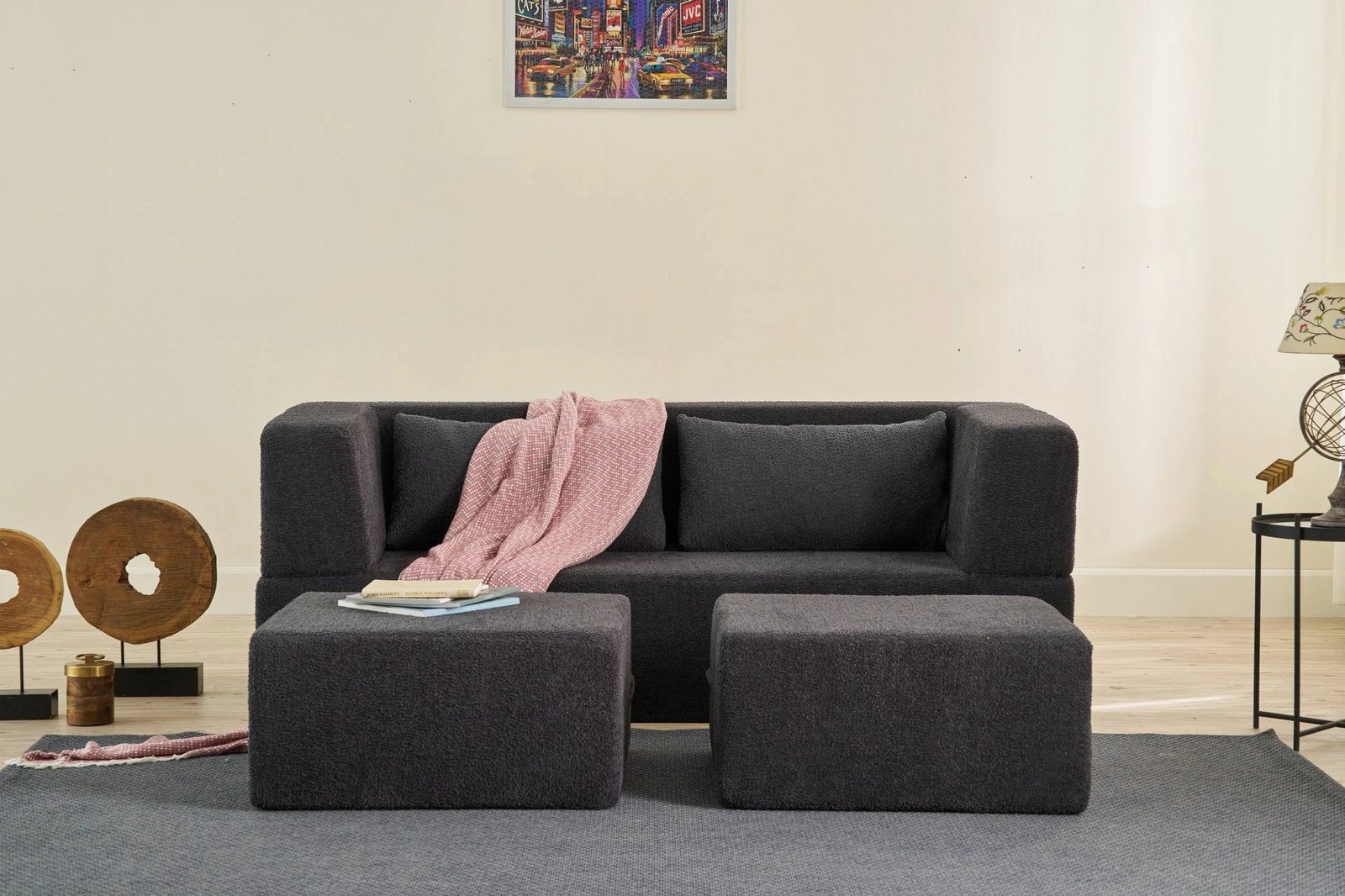 Divan-krevat dy ulëshe, ngjyrë antracit, Atelier del Sofa, me 2 pouffe