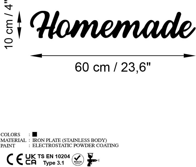 Aksesor dekorativ metalik për mur, 'Homemade', ngjyrë e zezë, 60x10cm