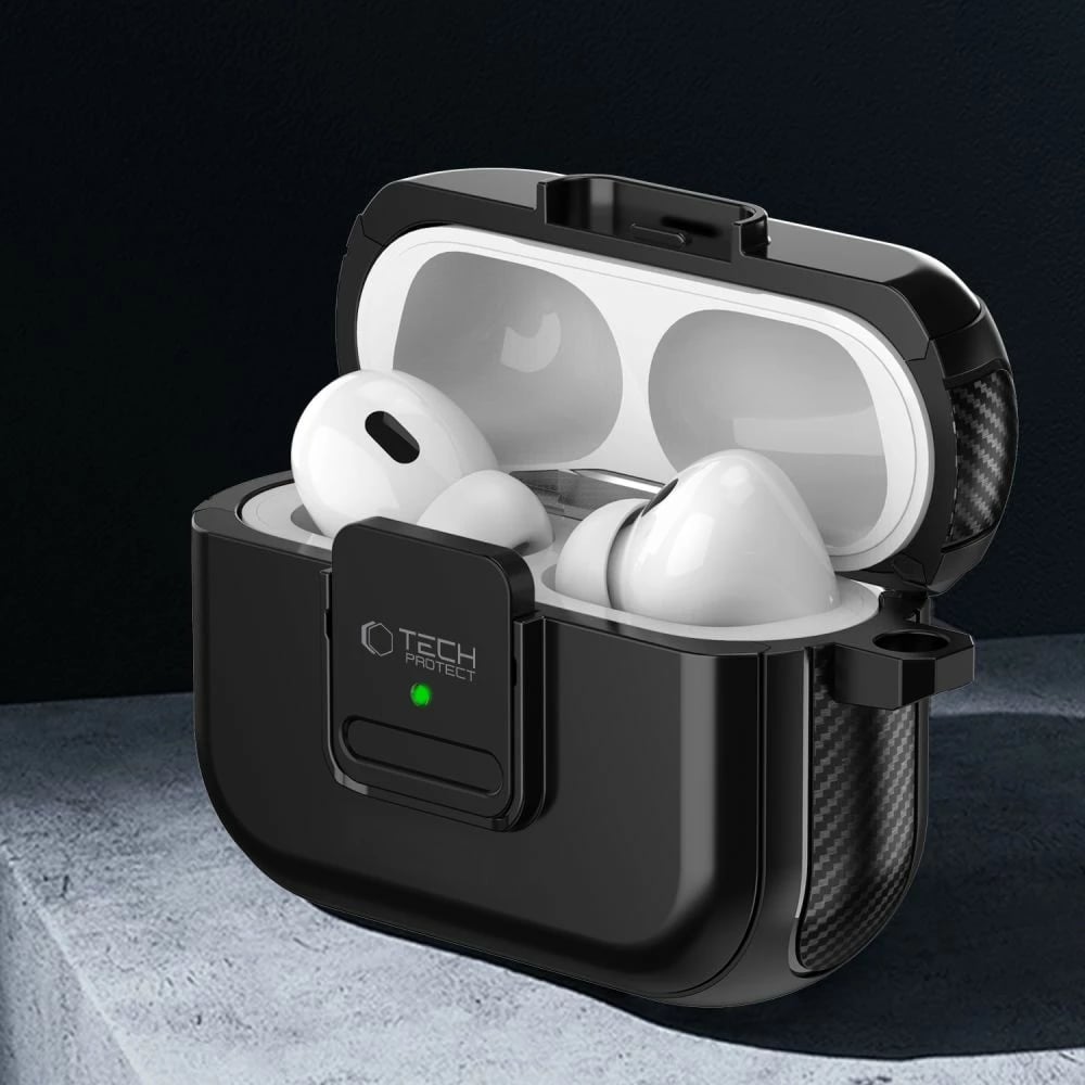 Mbështjellës Tech-Protect Defender me karabiner për AirPods Pro/Pro 2, MagSafe, Zi