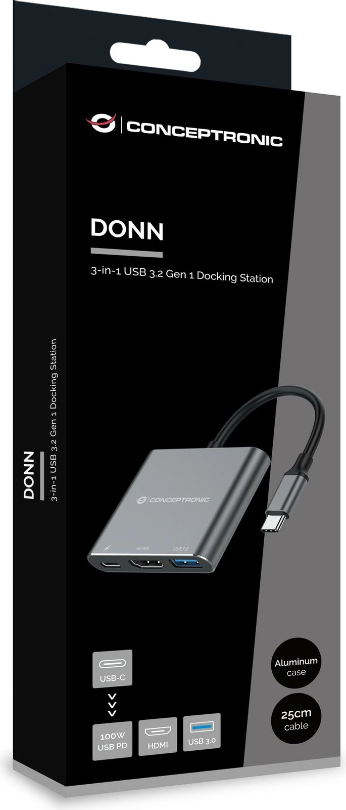 Stacion dokimi Conceptronic 3-1 USB-C në HDMI/USB-A/100WPD 25cm gri