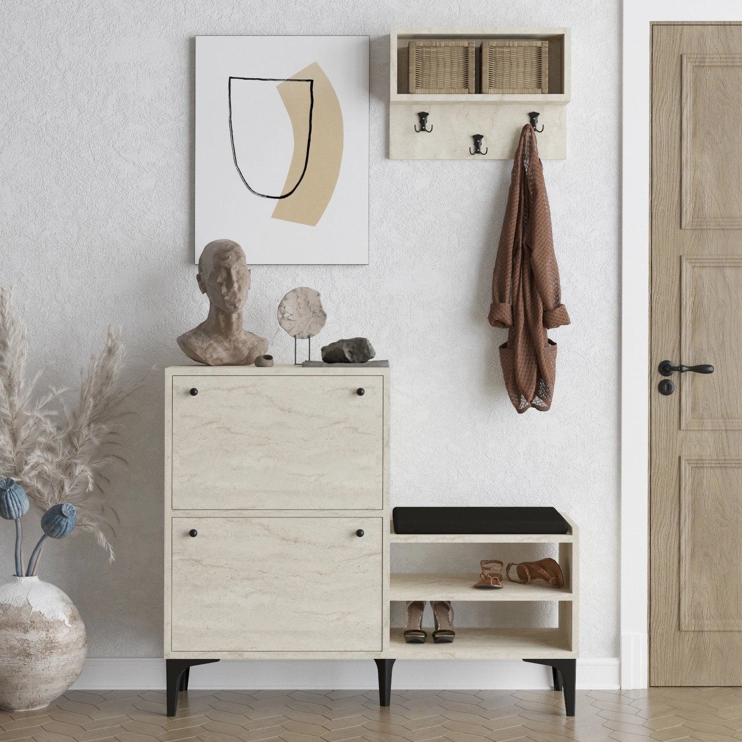 Dollap këpucësh Hanah Home, bredh-travertin