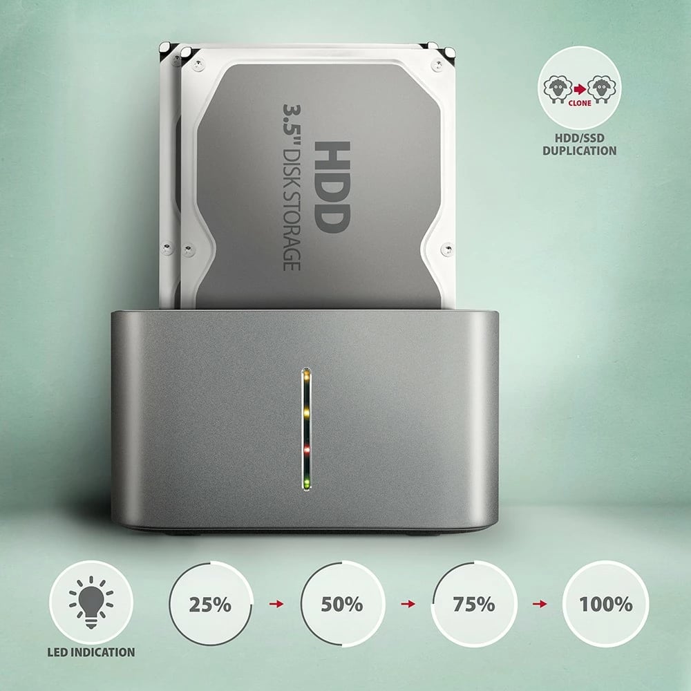 Stacion dokimi AXAGON ADSA-DC, për 2x HDD/SSD 2.5"/3.5", USB 3.2, Gri