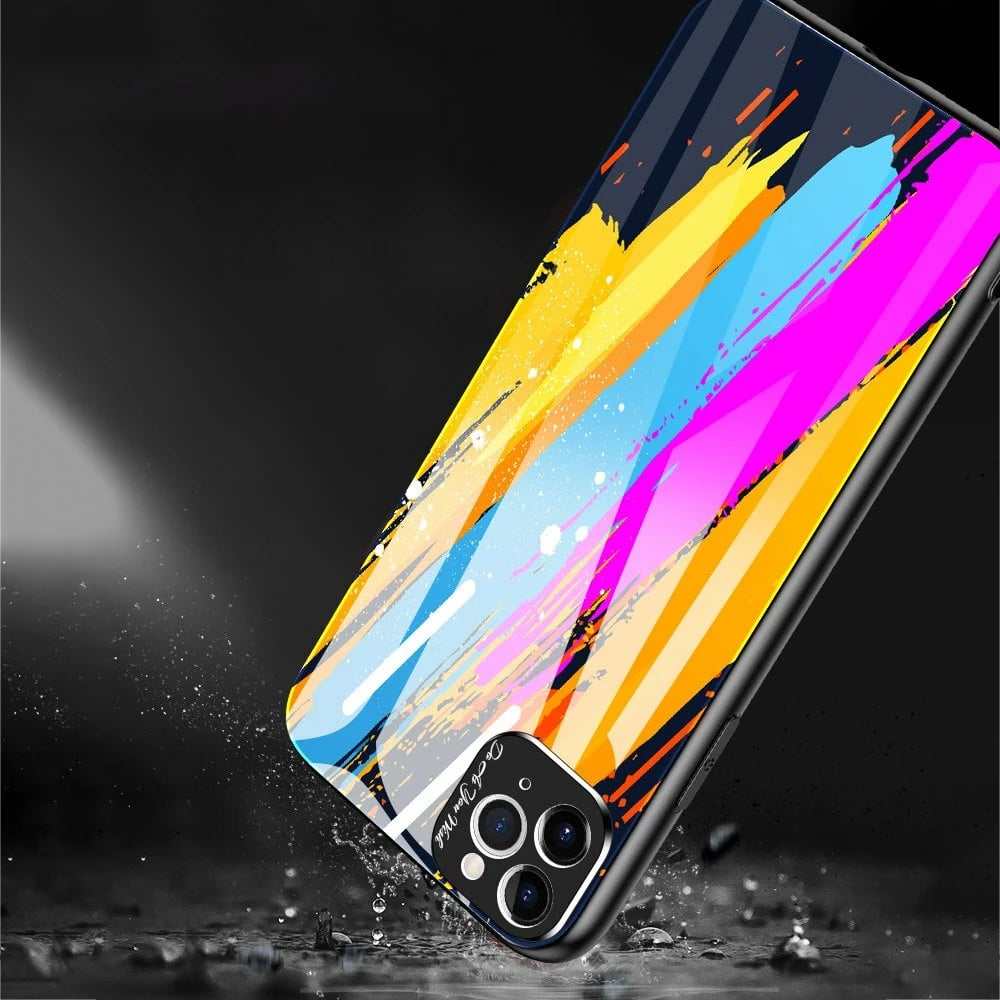 Mbështjellës Hurtel për iPhone 11 Pro Max, xham i temperuar, silikon, model me ngjyra blu/verdhe/portokalli Mbështjellës Hurtel për iPhone 11 Pro Max, xham i temperuar, silikon, model me ngjyra blu/verdhe/portokalli