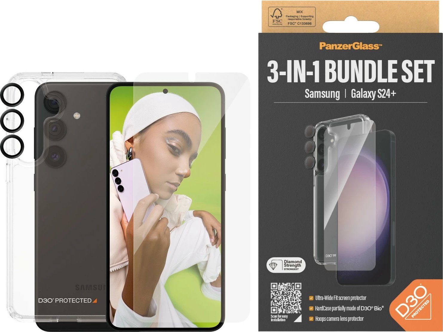 Mbrojtës ekrani PanzerGlass për Samsung Galaxy S24 Plus, set 3-në-1, transparent