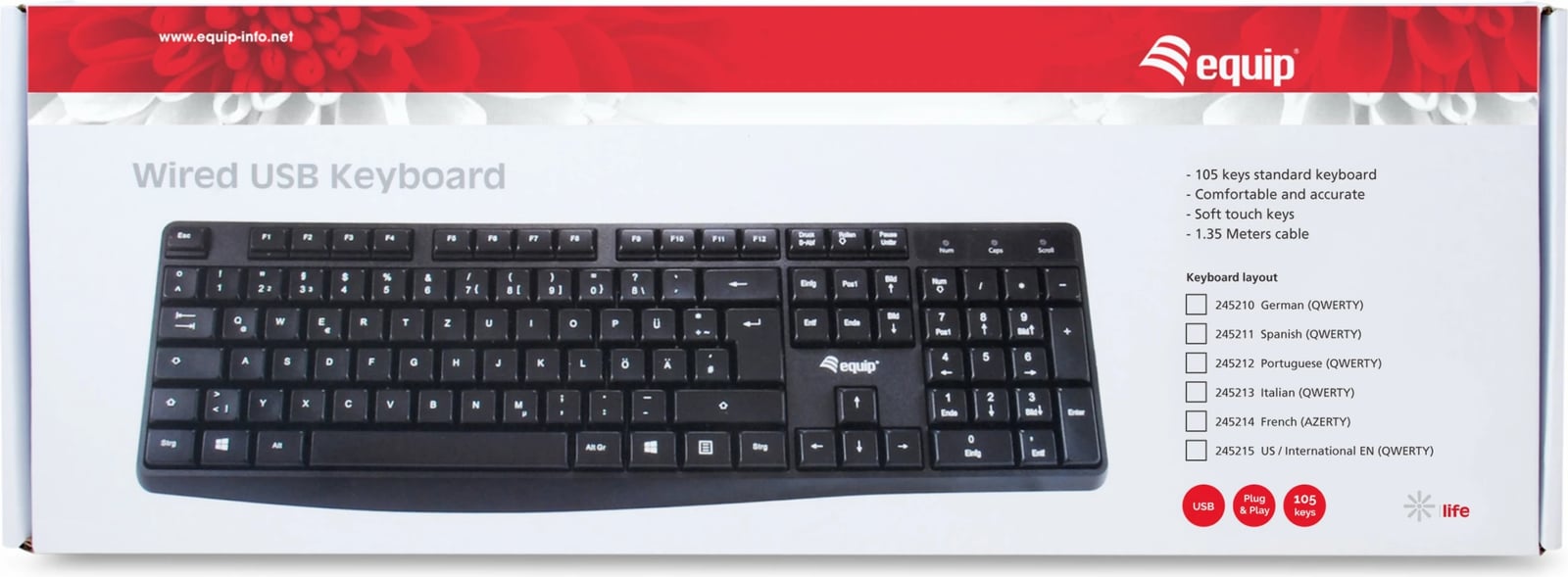 Tastierë EQUIP, USB, QWERTY, Full-size, e zezë