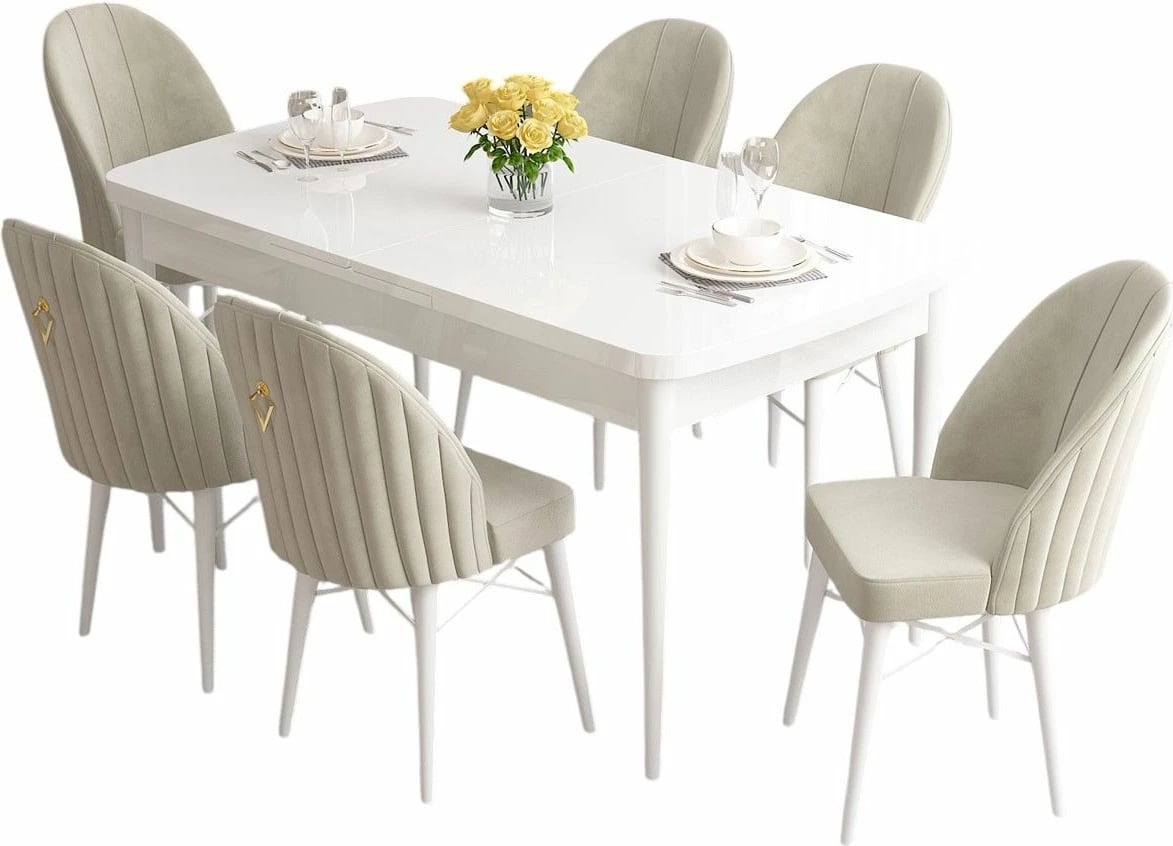 Tavolinë me karrige, zgjatshme, 7 copë, Skye Decor, e bardhë-krem