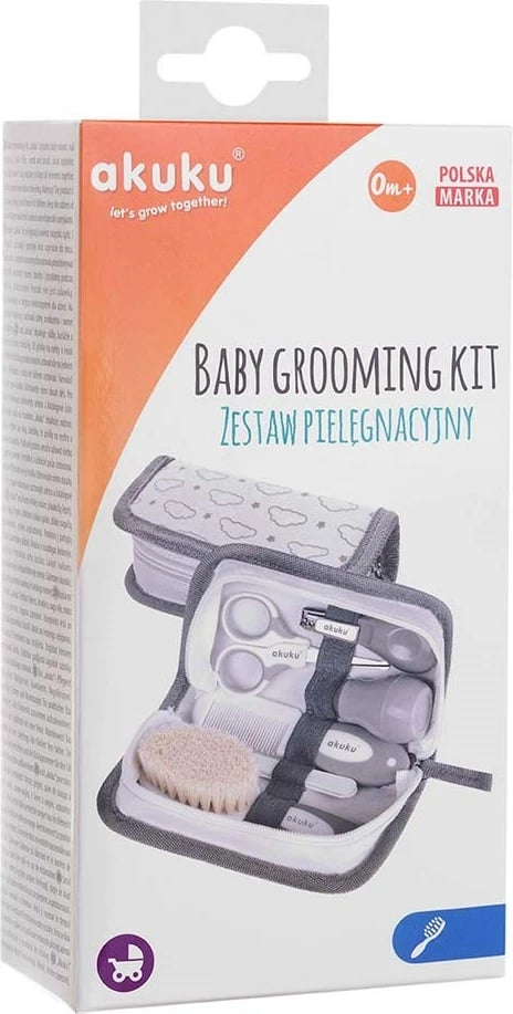 Set kujdesi për bebe, Akuku, Hooligans, me gërshërë, prerëse thonjsh, limë, furçë natyrale dhe krehër + aspirator hunde, gri, set