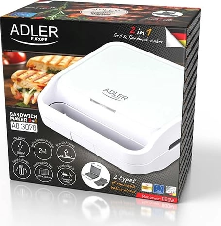 Toster për sanduiçe Adler AD 3070W, i bardhë Toster për sanduiçe Adler AD 3070W, i bardhë