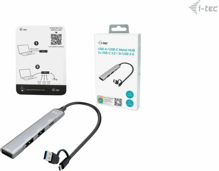 USB HUB I-Tec, 4 porta, USB 3.0/2.0, Type-A/Type-C, 5000 Mbit/s, argjendtë