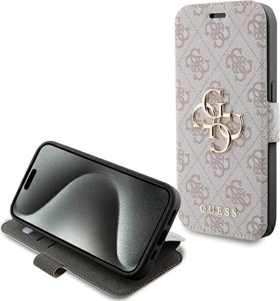 Mbështjellës Guess 4G Metal Logo për iPhone 15 Pro, rozë