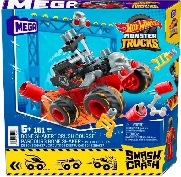 Set ndërtimi Mega Bloks Hot Wheels Monster Trucks Bone Shaker, 151 pjesë, me rampë dhe mikrofigurinë shoferi