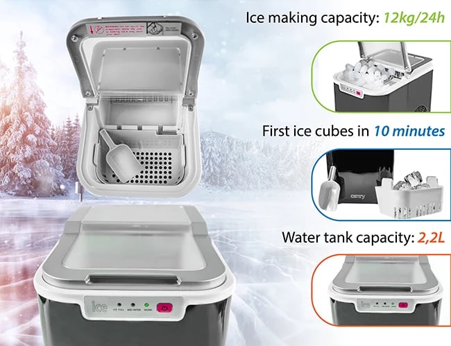 Aparat për kube akulli, Adler, CR 8073, 12kg/24h, depozitë uji 2.2L, kube të para në 10 min, i zi/argjendtë