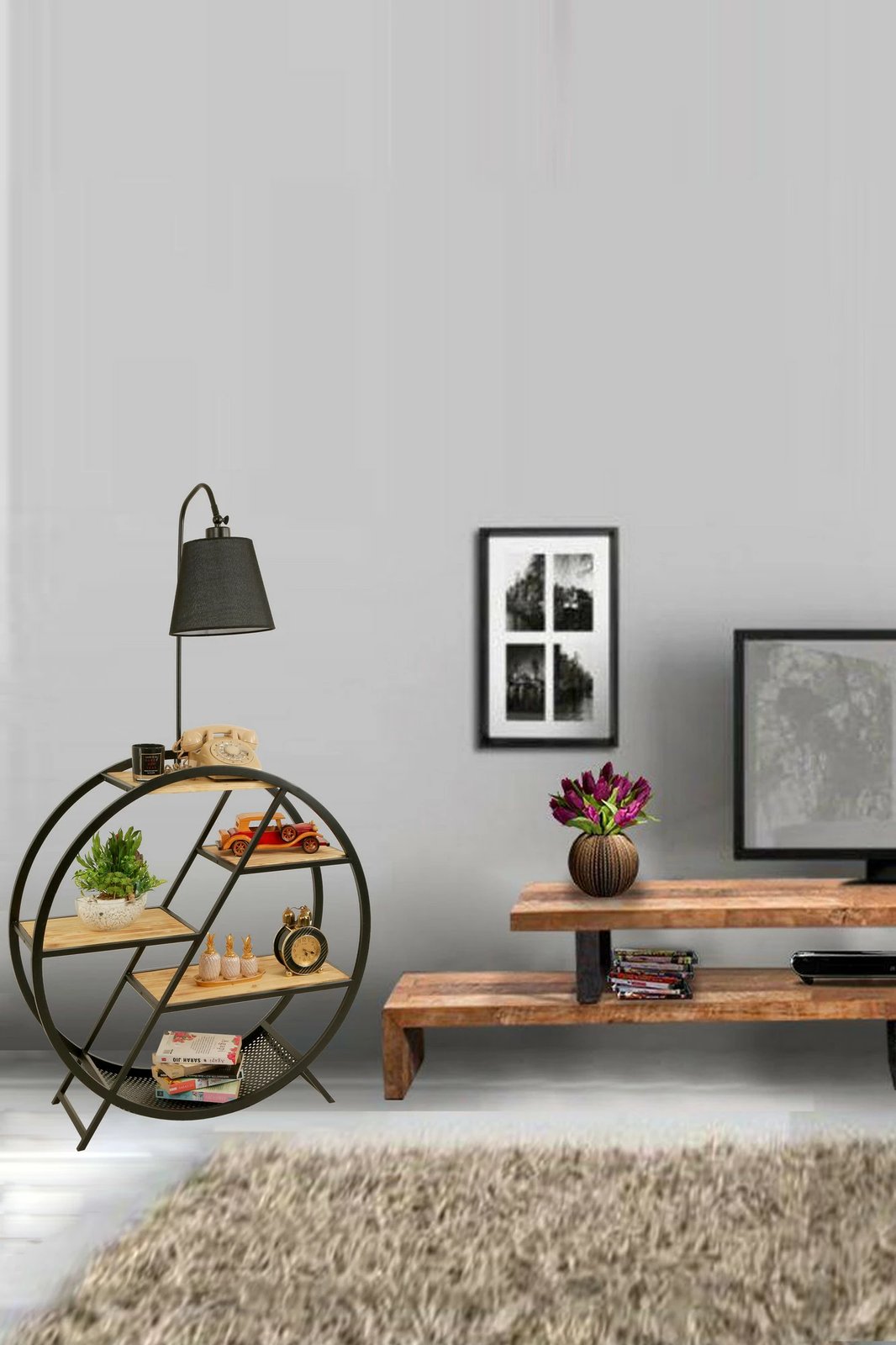 Llambë dyshemeje Opviq, 8530-3, trup metalik, raft librash prej druri, ngjyrë e zezë