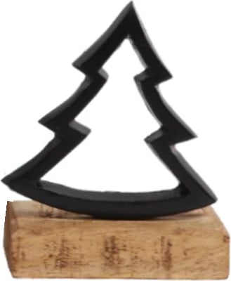 Dekor pemë Krishtlindjesh, alumin i zi, dru mango natyral, 11x5x13cm