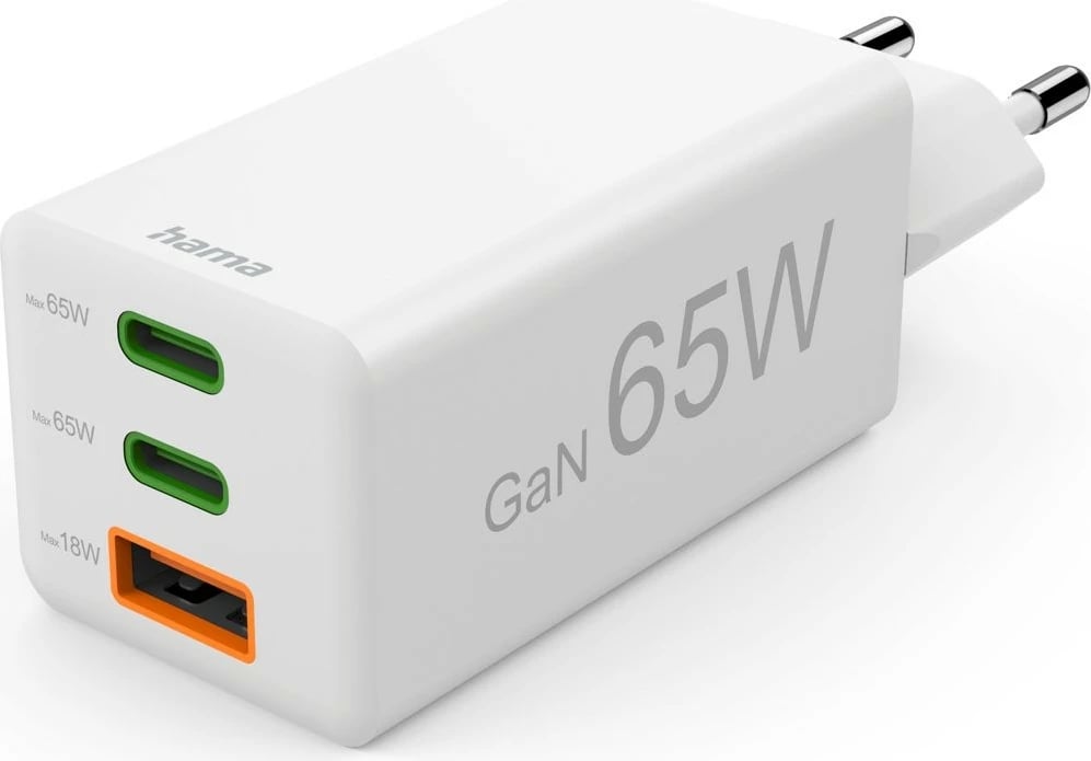 Karikues muri, Hama, 201996, GaN 65W PD/QC, 2x USB-C + 1x USB-A, i bardhë