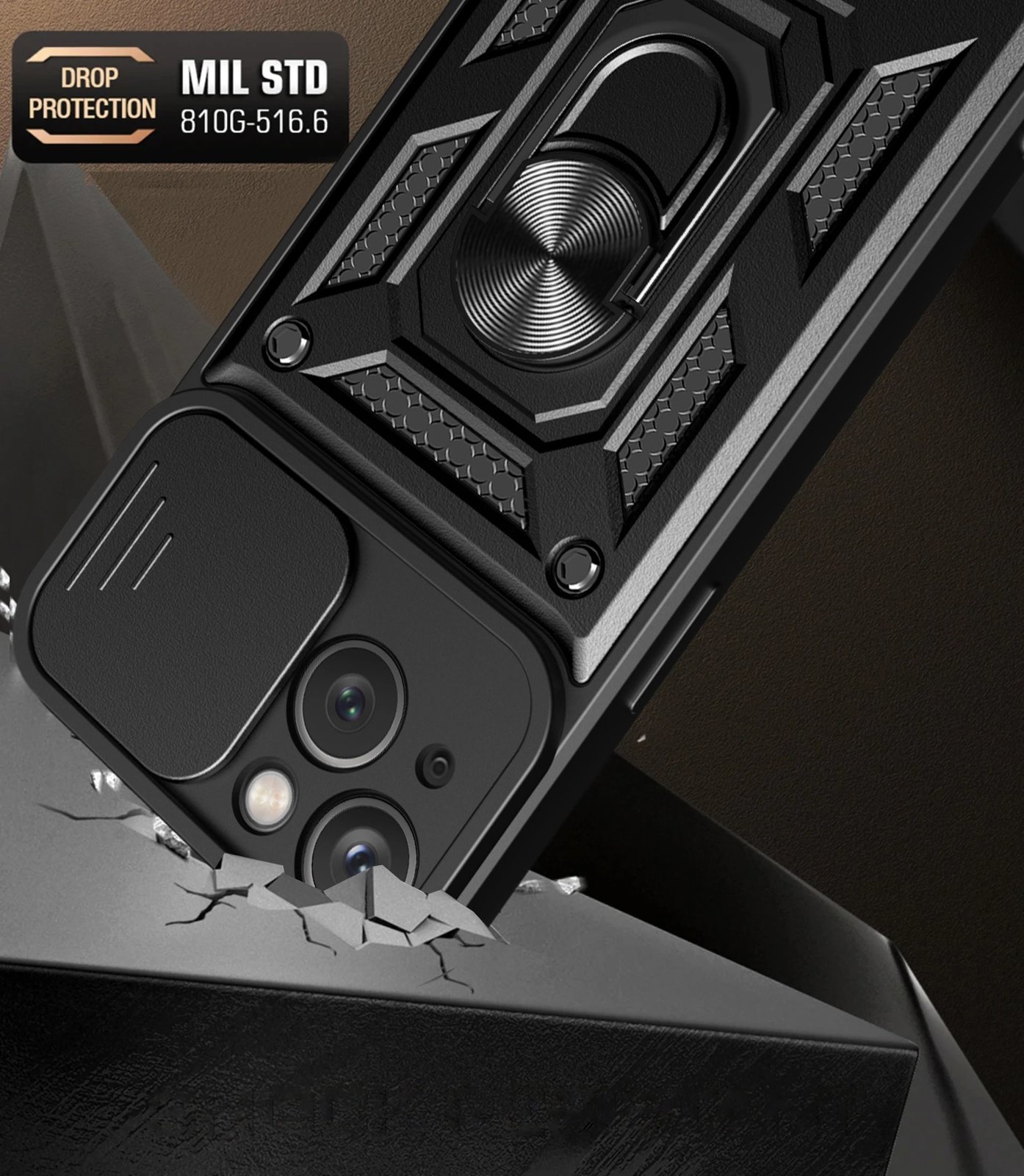 Mbështjellës Hurtel Hybrid Armor Camshield me mbajtëse dhe mbulesë kamere për iPhone 15 Plus, Zi