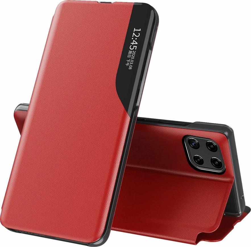 Mbështjellës Hurtel Eco Leather View Case për Samsung Galaxy A22 4G, me kapak dhe mbajtëse, Kuq