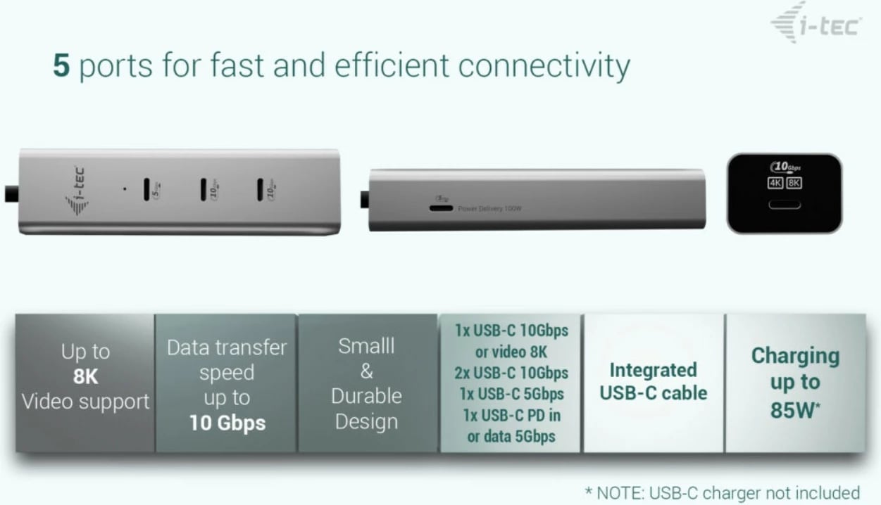 HUB USB-C i-tec C31HUBMETAL8KPDPRO, 5 porta, video 8K, Power Delivery 85W, Argjend