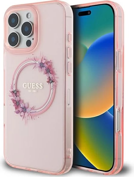 Mbështjellës Guess IML Flowers Wreath MagSafe për iPhone 16 Pro Max, Rozë