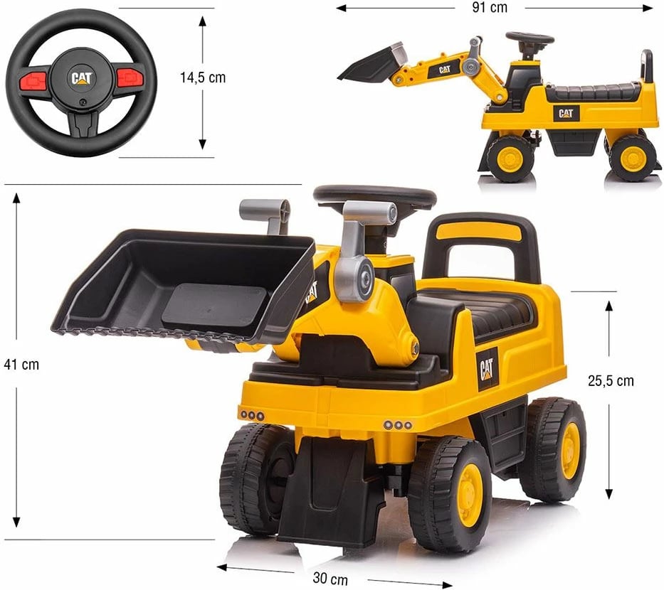 mjet ride-on ngarkues, Milly Mally CAT, timon me zë borie, dy blloqe kundër përmbysjes, magazinim nën ulëse, 12–36 muaj, deri 25 kg, e verdhë