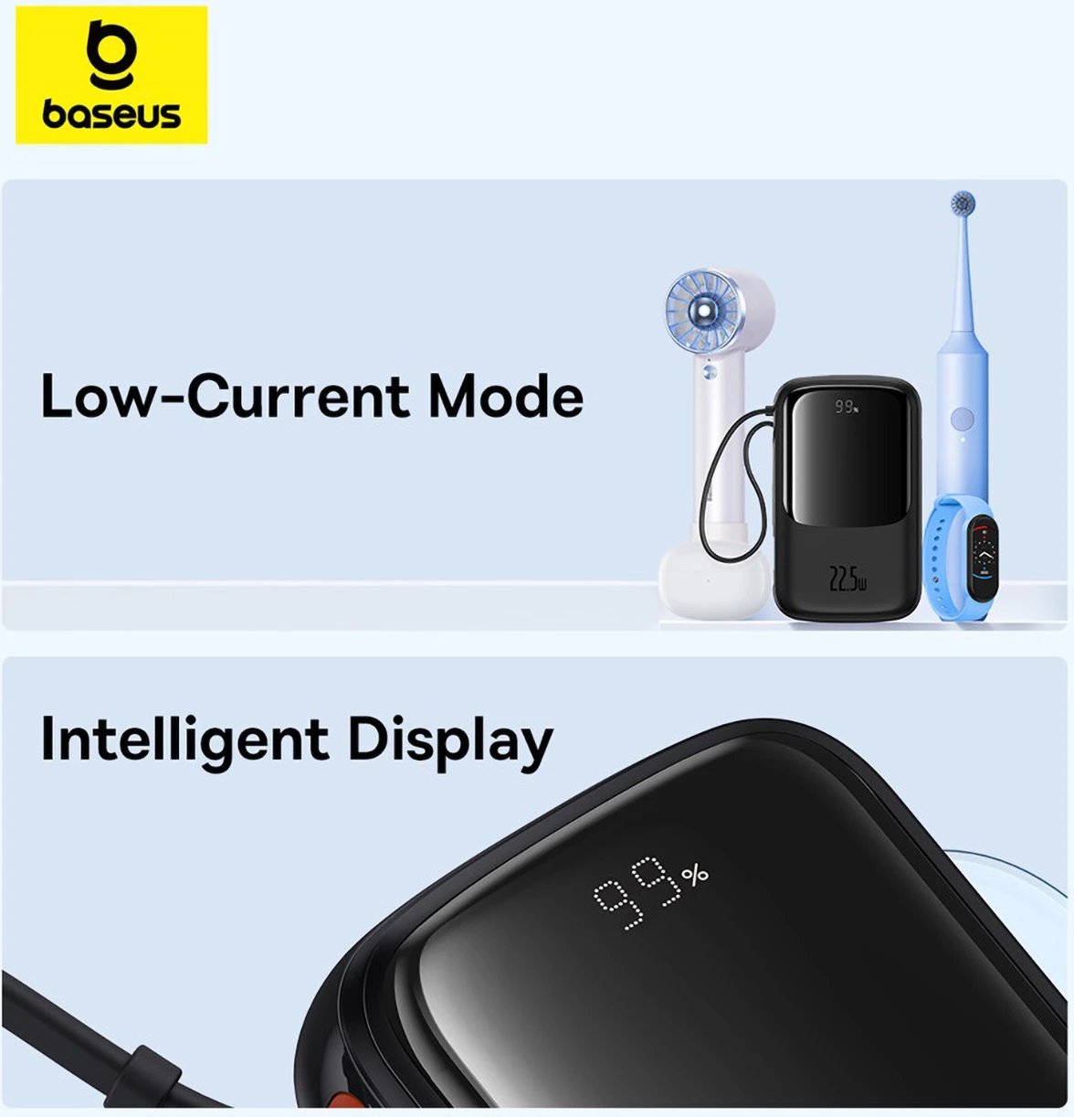 Powerbank Baseus QPow Pro+ 10000mAh, 22.5W, me kabllo USB-C të integruar dhe ekran, e zezë Powerbank Baseus QPow Pro+ 10000mAh, 22.5W, me kabllo USB-C të integruar dhe ekran, e zezë