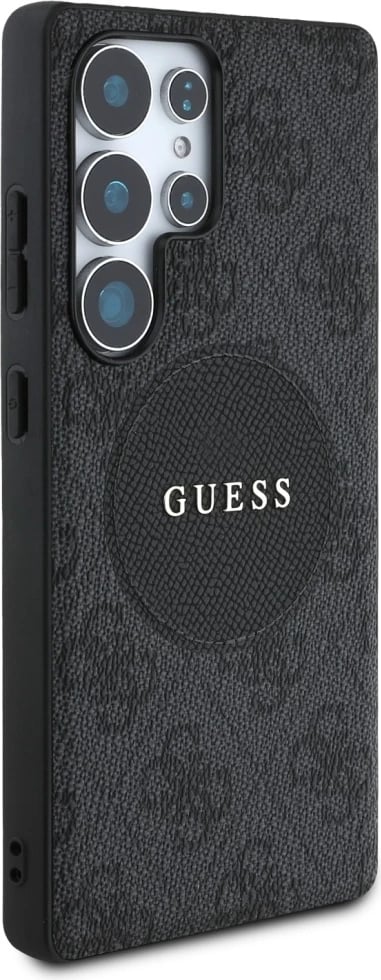 Mbështjellës Guess 4G Round Patch Classic Logo MagSafe për Samsung Galaxy S25 Ultra, i zi