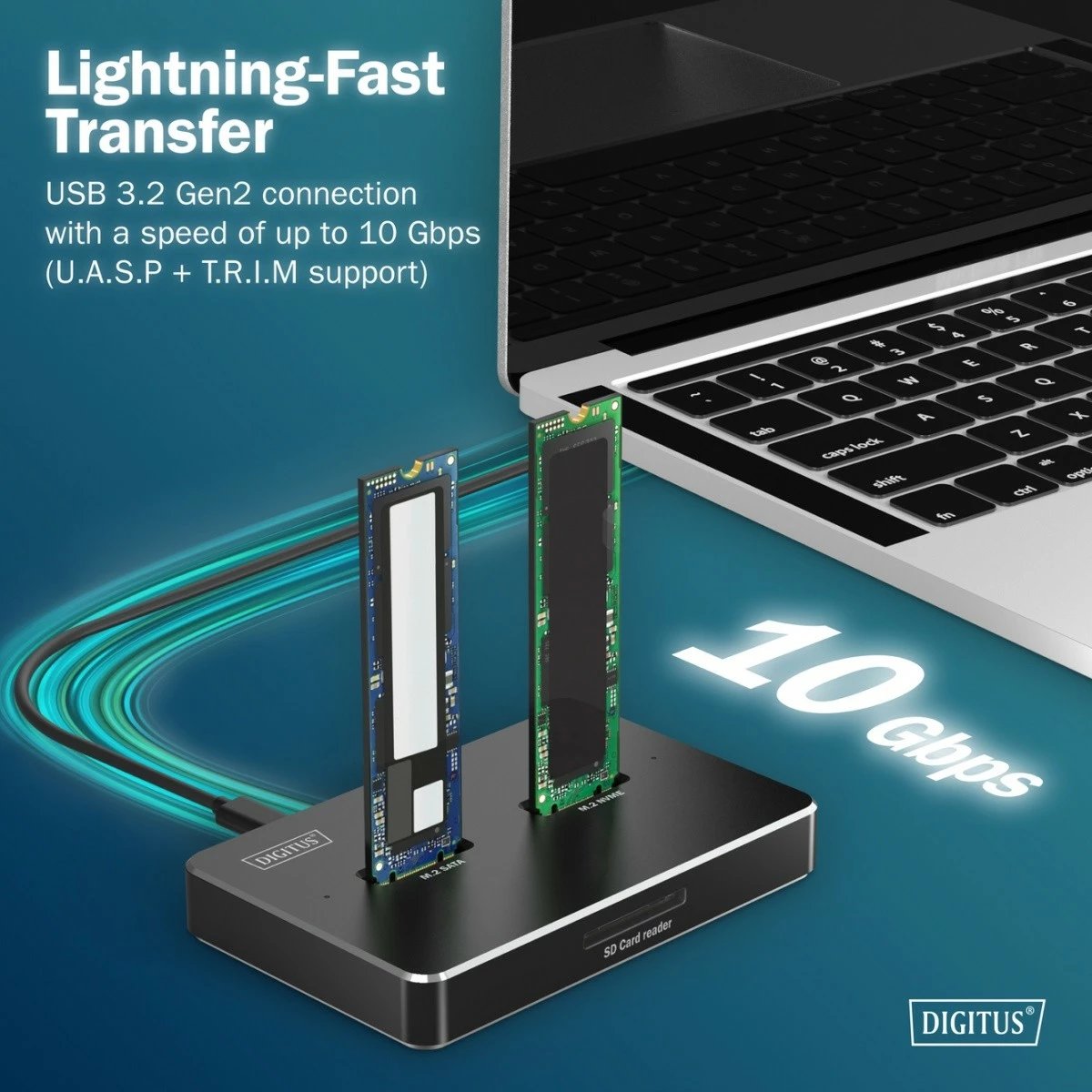 Dok USB-C 3.2 Gen2, Digitus DA-71546-1, për M.2 NVMe & SATA (2 slote, deri 2x 4 TB) me lexues SD-Express 7.1 (deri 2 TB), e zezë