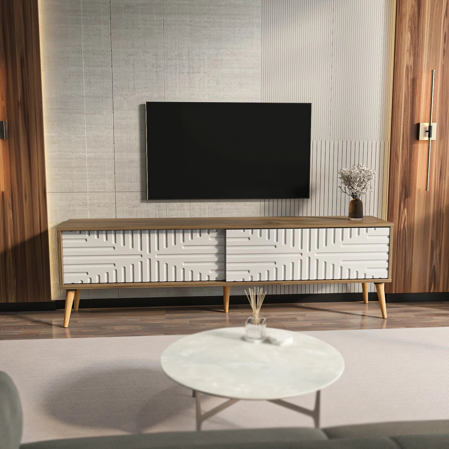 Komodë TV Skye Decor, ngjyrë arre dhe e bardhë