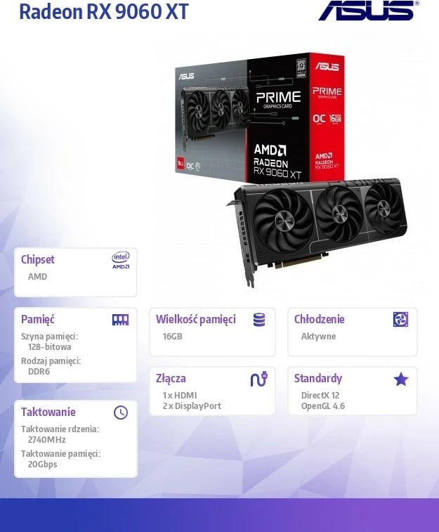 Kartelë grafike Asus Radeon RX 9060 XT Prime OC 16GB GDDR6, PCIe 5.0, 3 fllanza