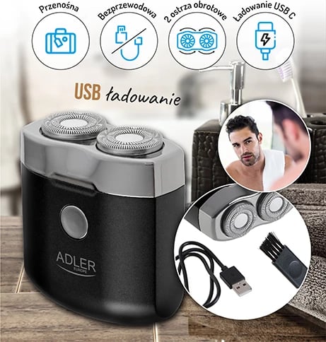 Makinë rroje, Adler, AD 2936, dy koka, USB-C, pa kabllo, 250mAh, e zezë