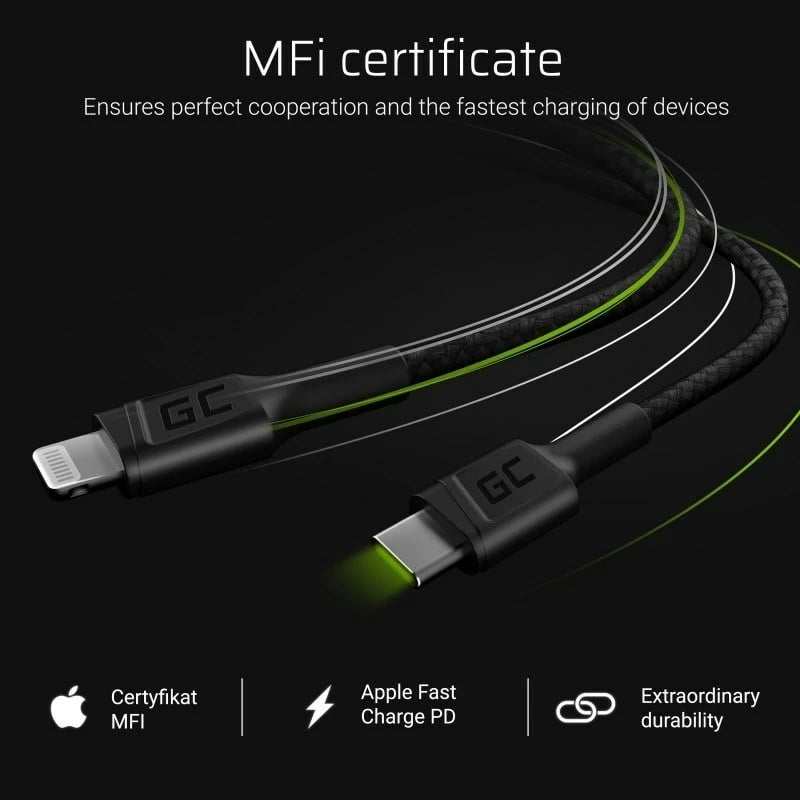 Kabllo Green Cell KABGC07, 1 m, USB-C në Lightning, e zezë