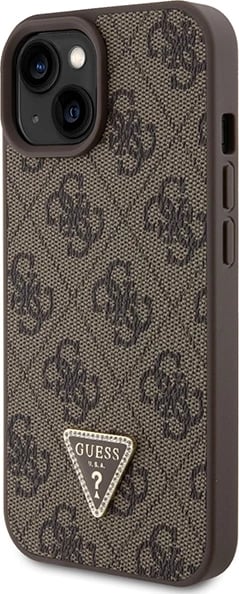 Mbështjellës Guess Crossbody 4G Metal Logo për iPhone 15/15 Plus, kafe, me rrip