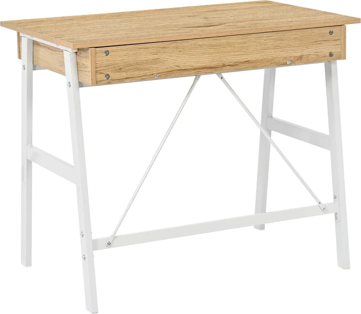 Tavolinë pune me sirtarë Lione, ngjyrë lisi me këmbë metalike të bardha, 90x50x75cm