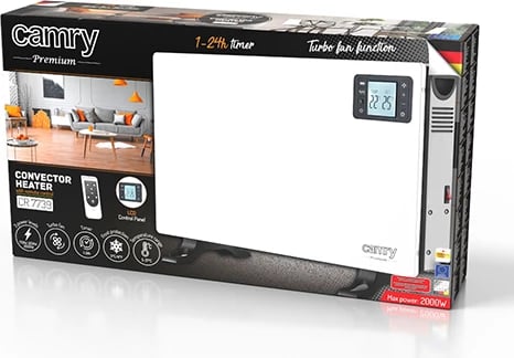 Ngrohës konvektor me ventilator, Adler Camry CR 7739, 2000W, LCD, telekomandë, 3 nivele, termostat, timer 1-24h, i bardhë