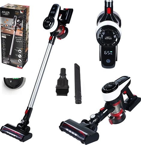 Fshesë me korrent pa qese, Adler AD 7048, pa kabllo, motor brushless, Dual Cyclone, 0.8L, 200W (350W max), LED ekran, 2 moda, bateri 2000mAh, e bardhë/zezë/e kuqe Fshesë me korrent pa qese, Adler AD 7048, pa kabllo, motor brushless, Dual Cyclone, 0.8L, 200W (350W max), LED ekran, 2 moda, bateri 2000mAh, e bardhë/zezë/e kuqe