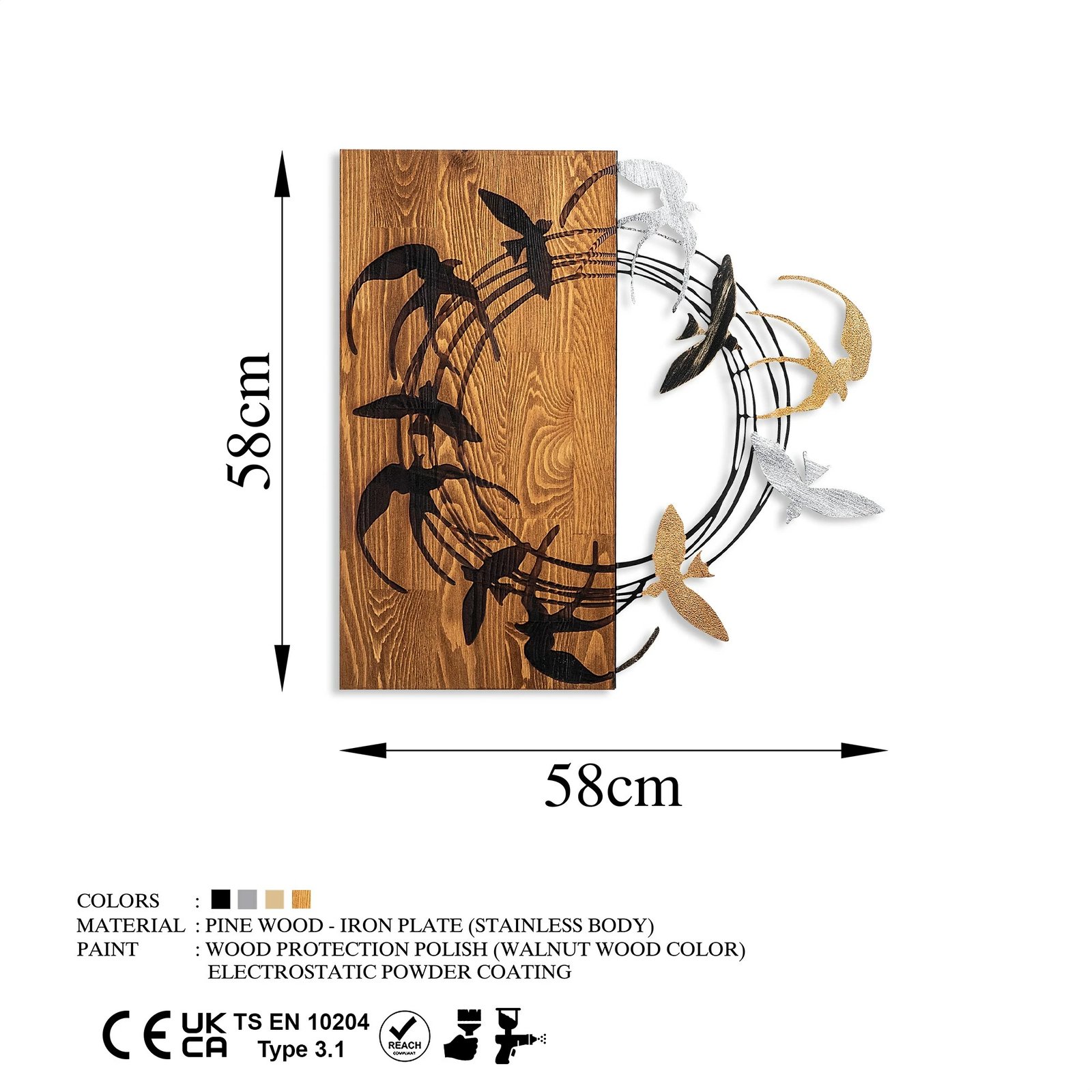 Aksesor dekorativ muri prej druri, Spiral Birds 2, ngjyrë arre dhe e zezë, Wallity, 58x58cm