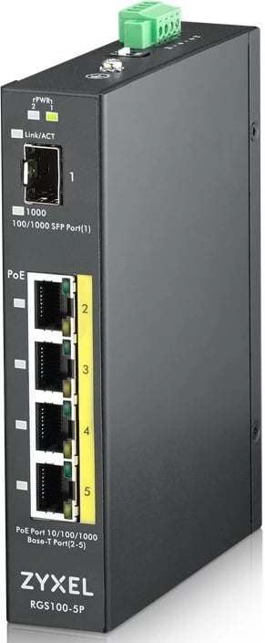 Switch Zyxel RGS100-5P, 4 porte Gigabit PoE+, portë SFP, industrial, i zi