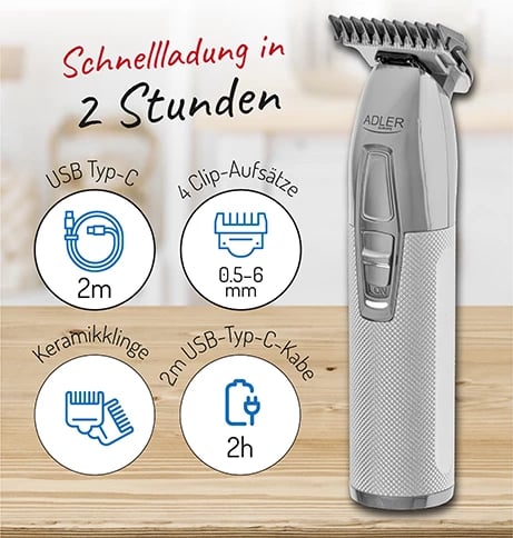 Makinë rroje trimmer Adler AD 2836, bateri 1400 mAh, teh qeramik me veshje titan gri, USB‑C, gjatësia pa kapak 0.9 mm, argjendtë, set me 4 krehra