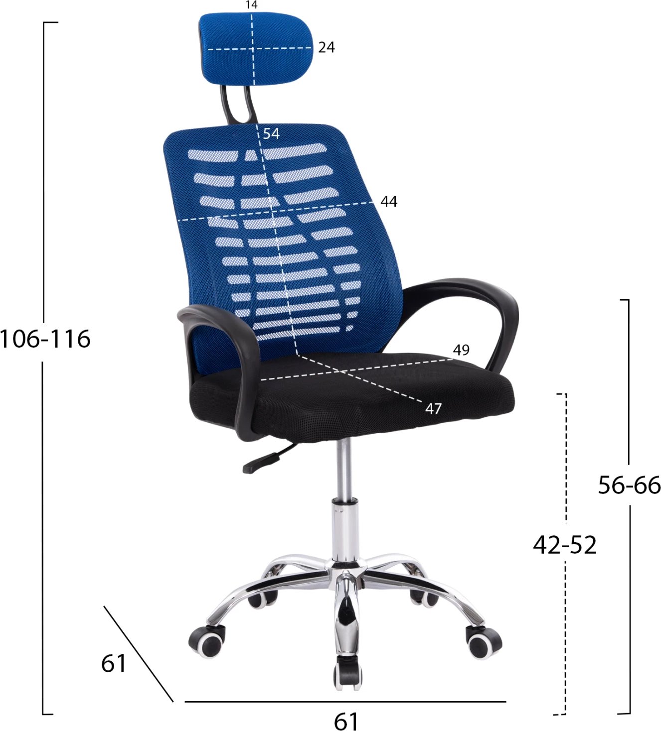 Karrige zyre TRAIL2 FH1193.36, ngjyrë blu dhe e zezë, pëlhurë rrjetë-krom, 61x61x116H cm.
