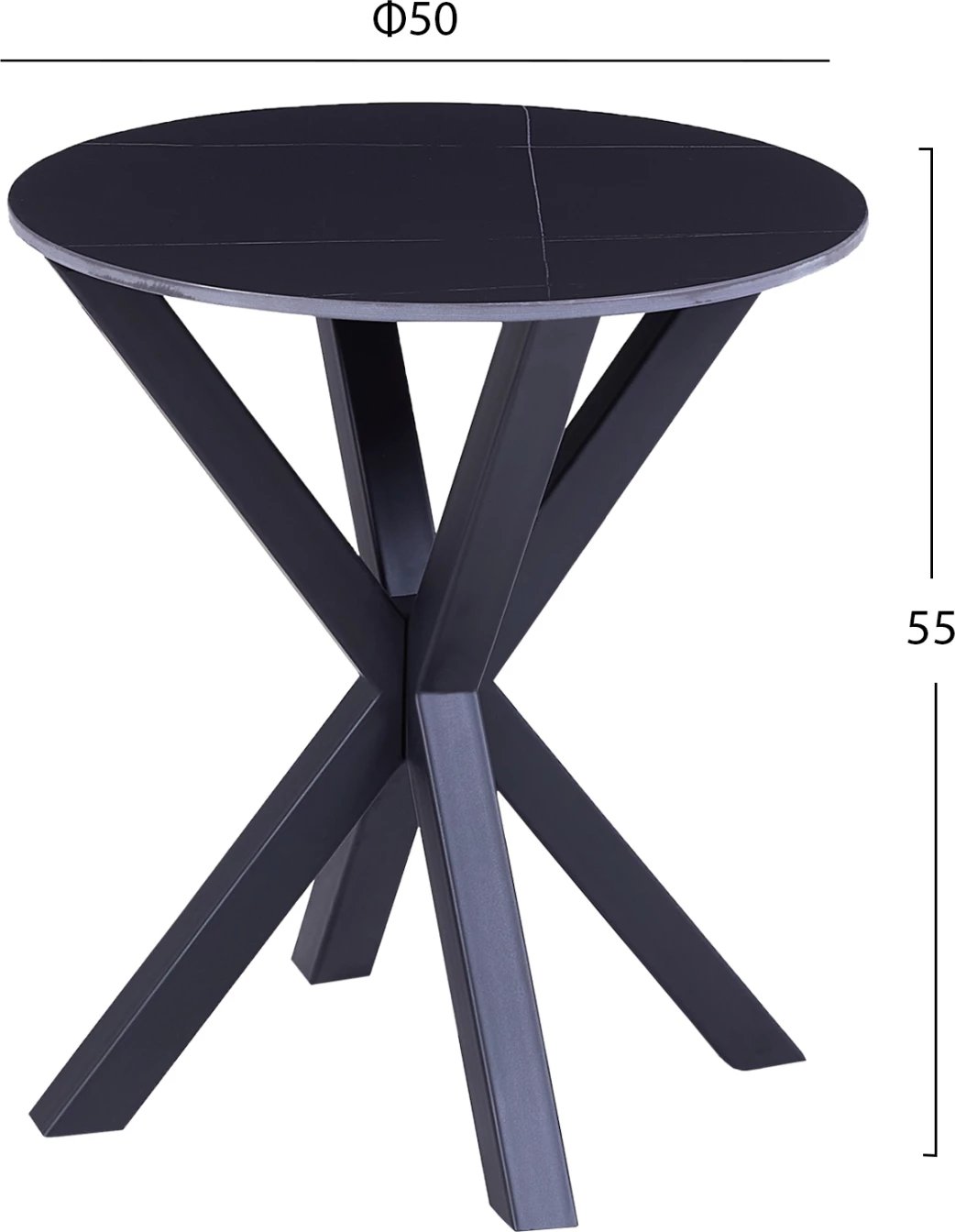 Tavolinë anësore e rrumbullakët, sipërfaqe mermeri e zezë, këmbë metalike të zeza, FH9473.04, Φ50x55H cm
