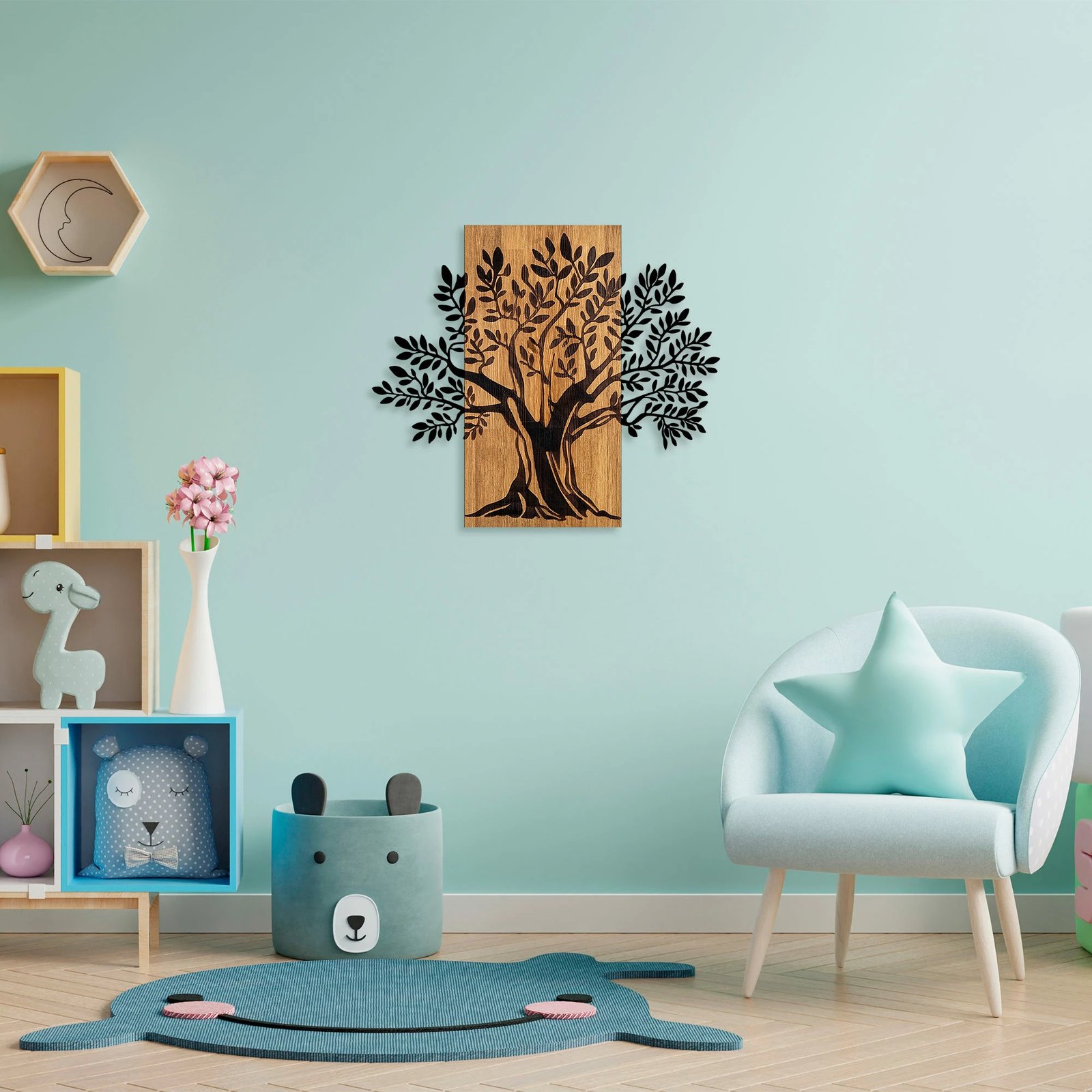 Aksesor dekorativ për mur, dru dhe metal, pemë monumentale, Wallity