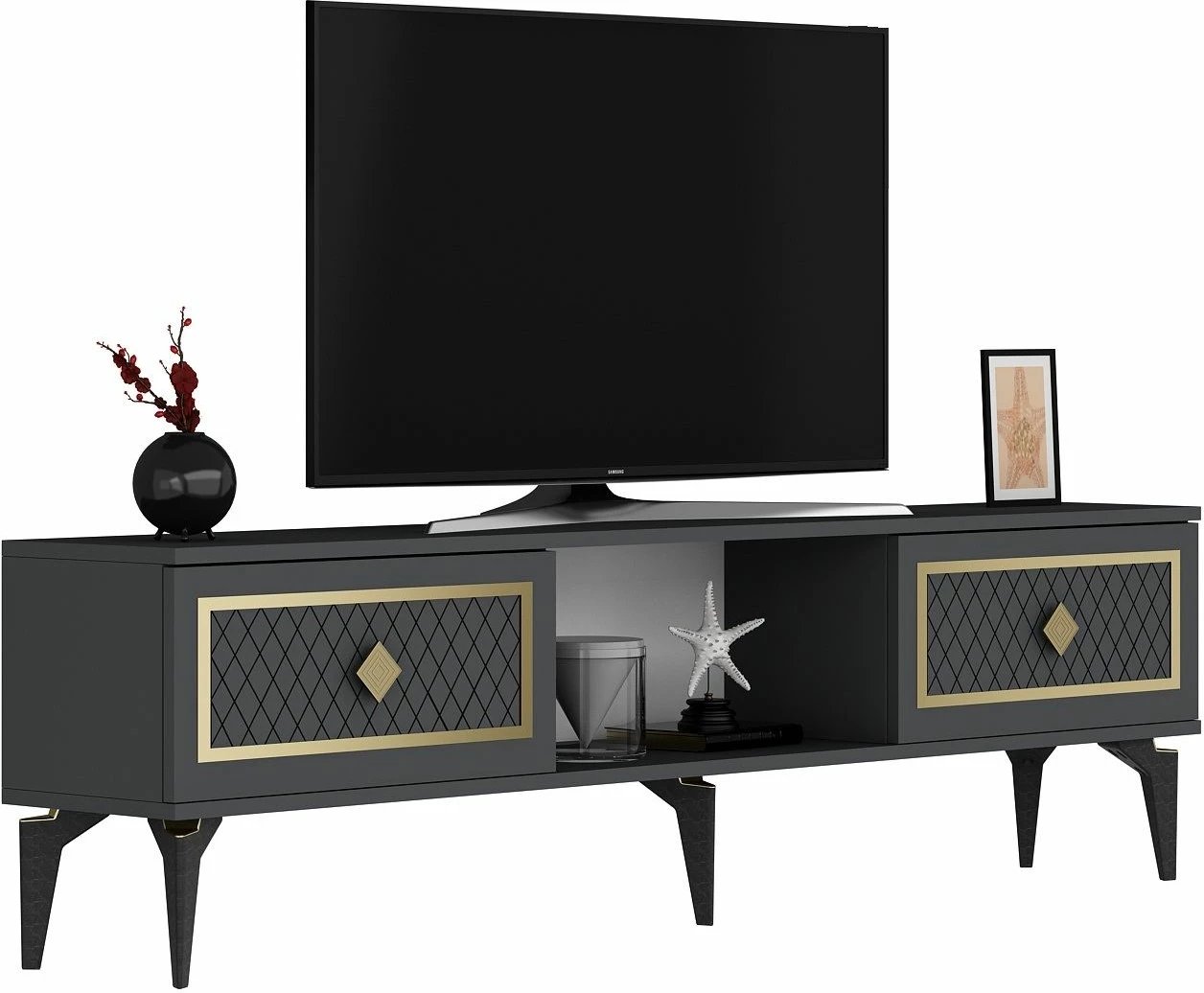 Komodë TV Skye Decor, ngjyrë antracit, detaje ari