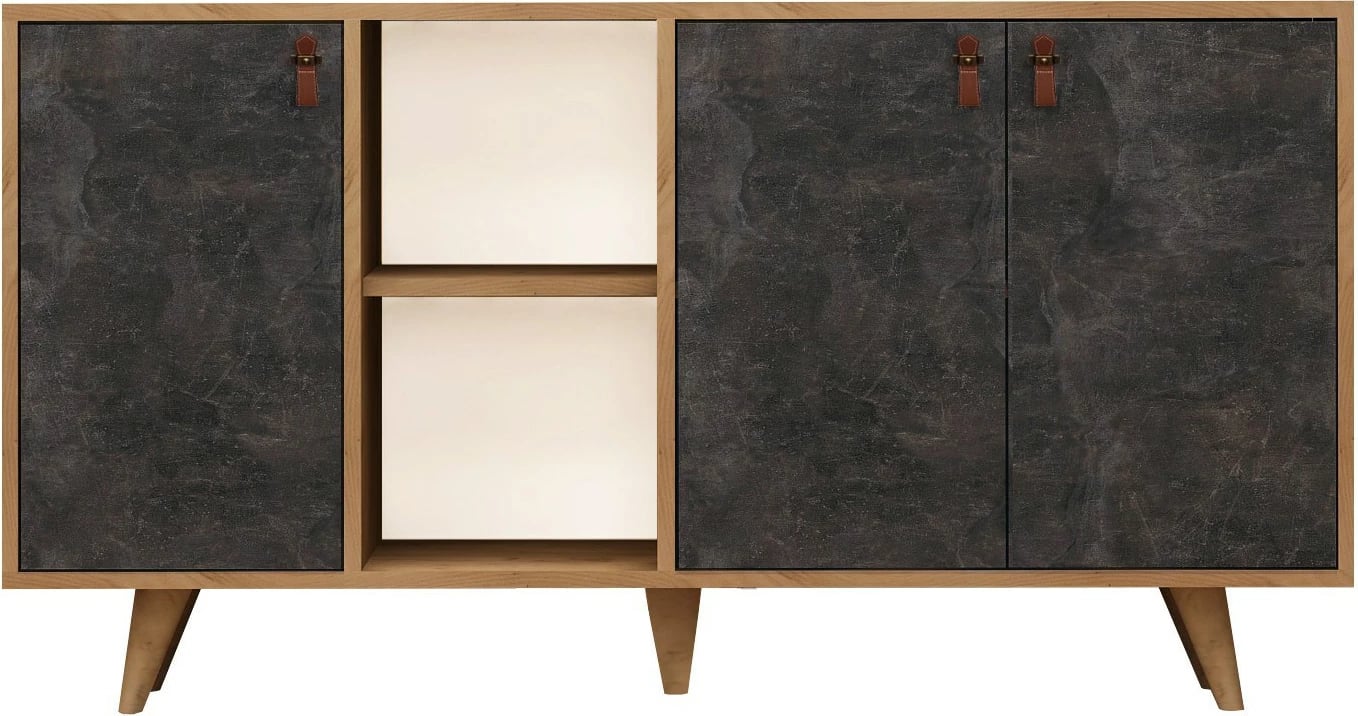 Konsolë moderne Planky, ngjyrë lis dhe gri e errët, dorezë lëkure PU, këmbë druri, 140x86x40cm