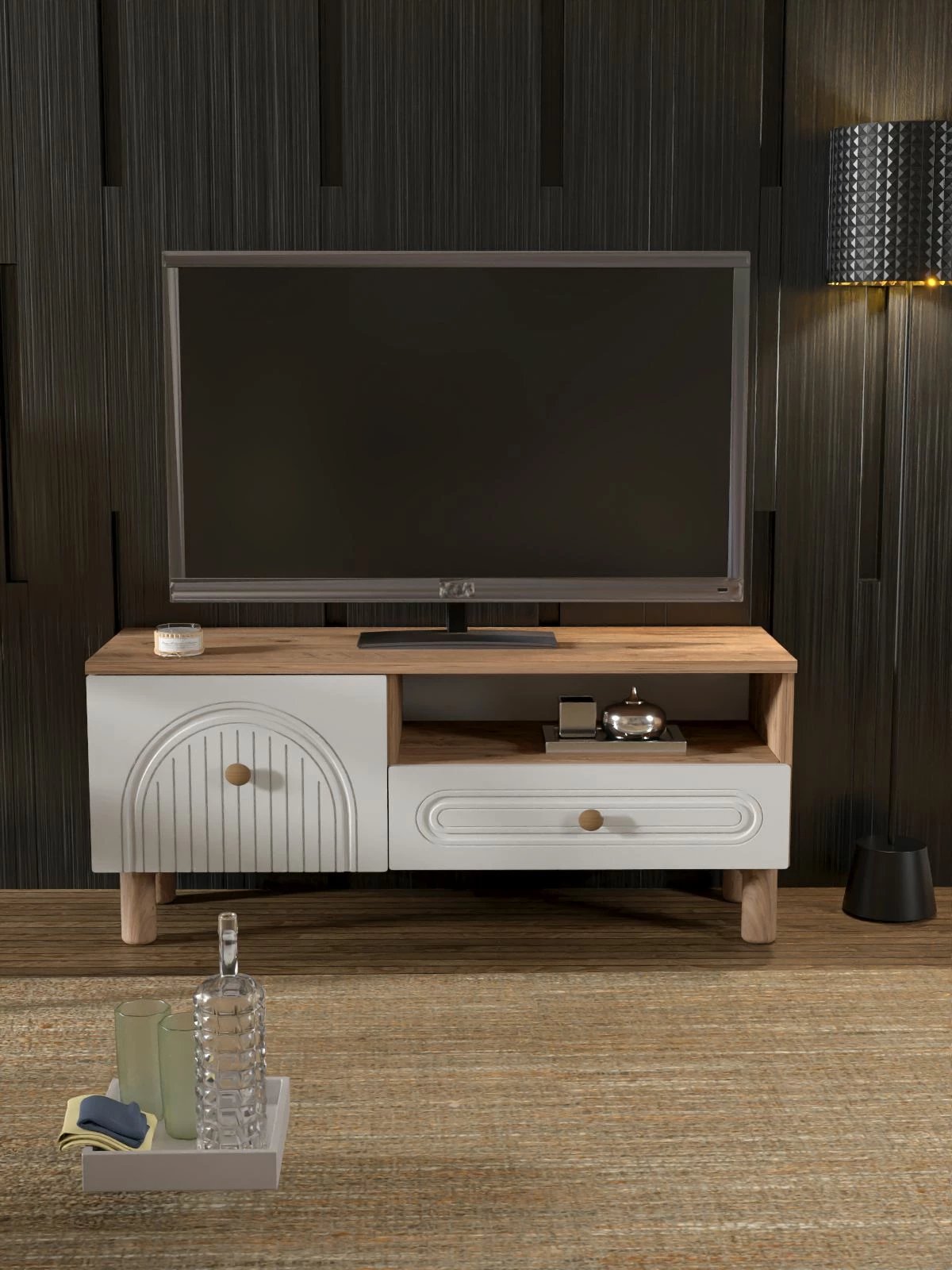 Komodë TV Skye Decor, Bellora 105, ngjyrë pishë Atlantike dhe e bardhë