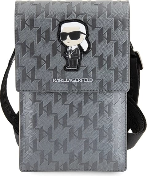 Çantë për celular Karl Lagerfeld Saffiano Monogram Ikonik, argjendtë