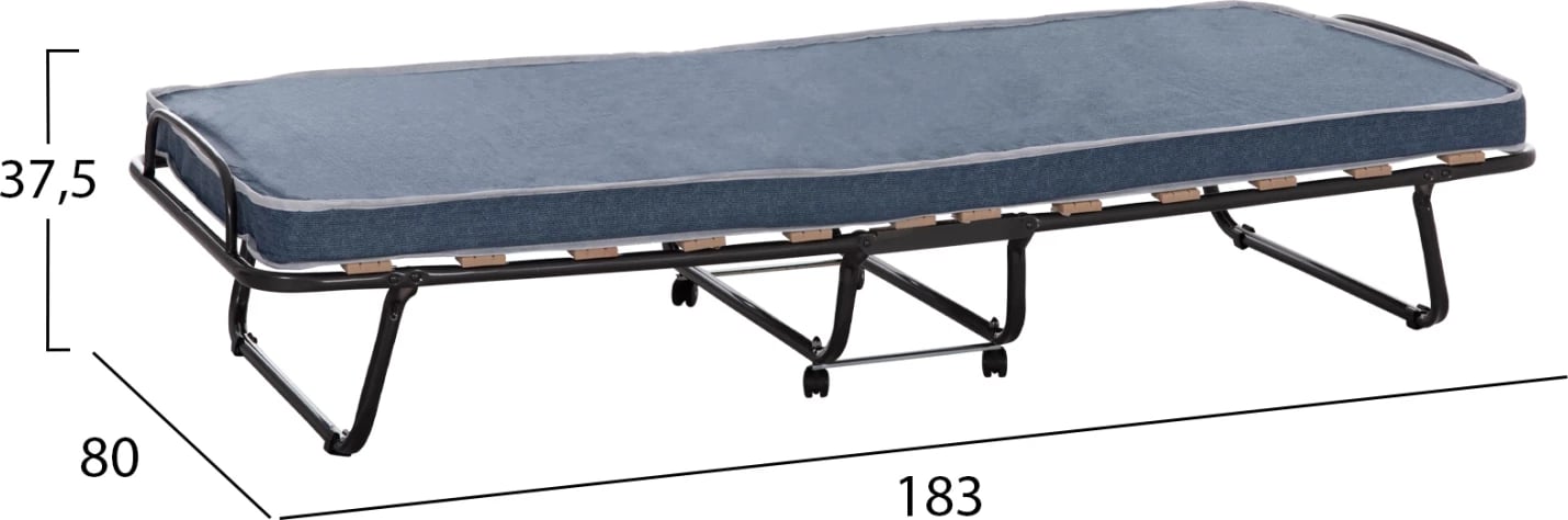 Krevat palosës metalik me rrota, dyshek 6.5cm, pamje xhinse blu, 80x183x37.5cm