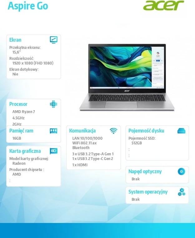 Laptop Acer Aspire Go 15 AG15-42P-R40Z Ryzen 7 5825U 15.6 FHD 16GB 512GB SSD pa sistem operativ silver