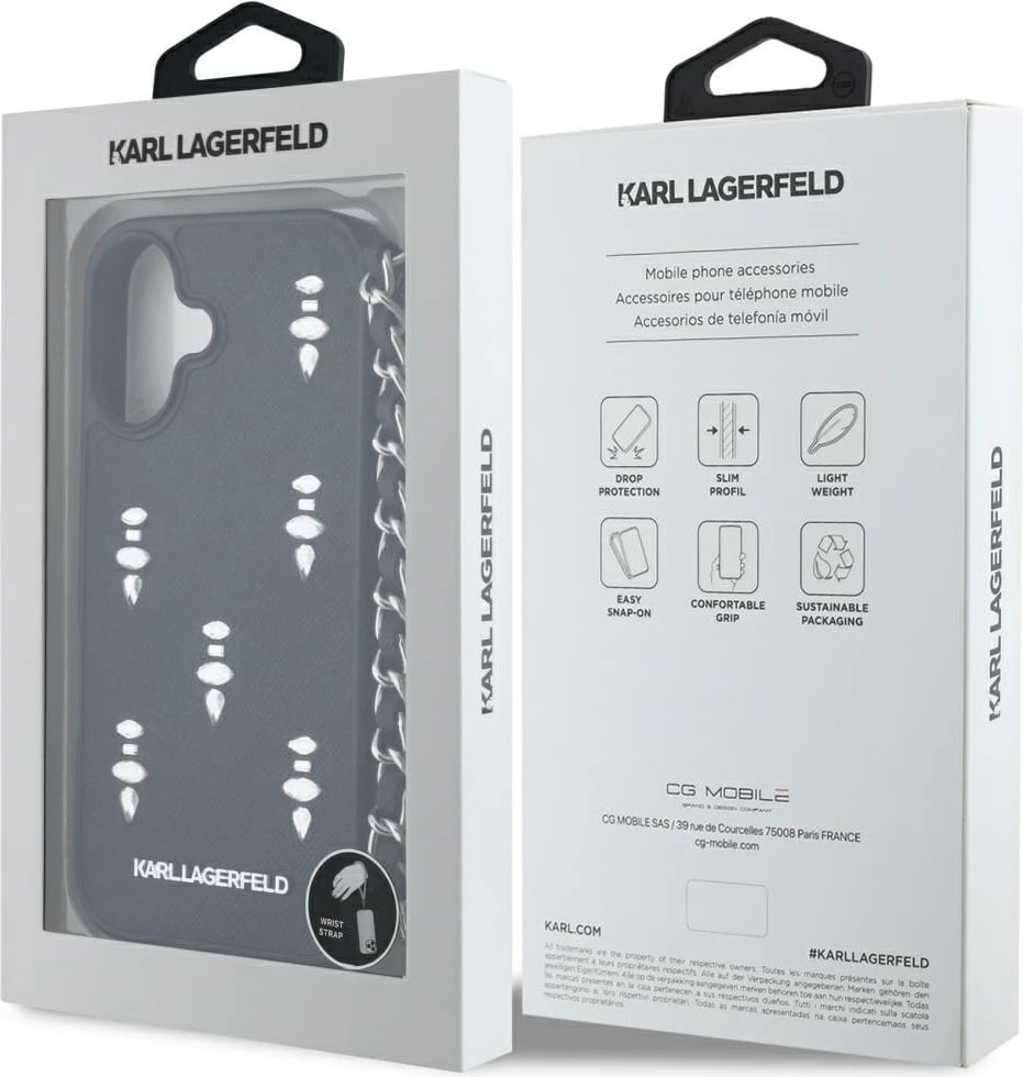 Mbështjellës Karl Lagerfeld Saffiano Crystals me zinxhir për iPhone 16, i zi