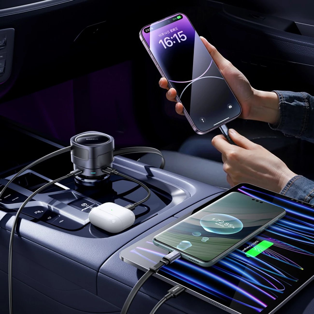 Karikues makine Baseus Enjoyment Max 90W, 2x USB-C + kabllo USB-C dhe Lightning, i zi